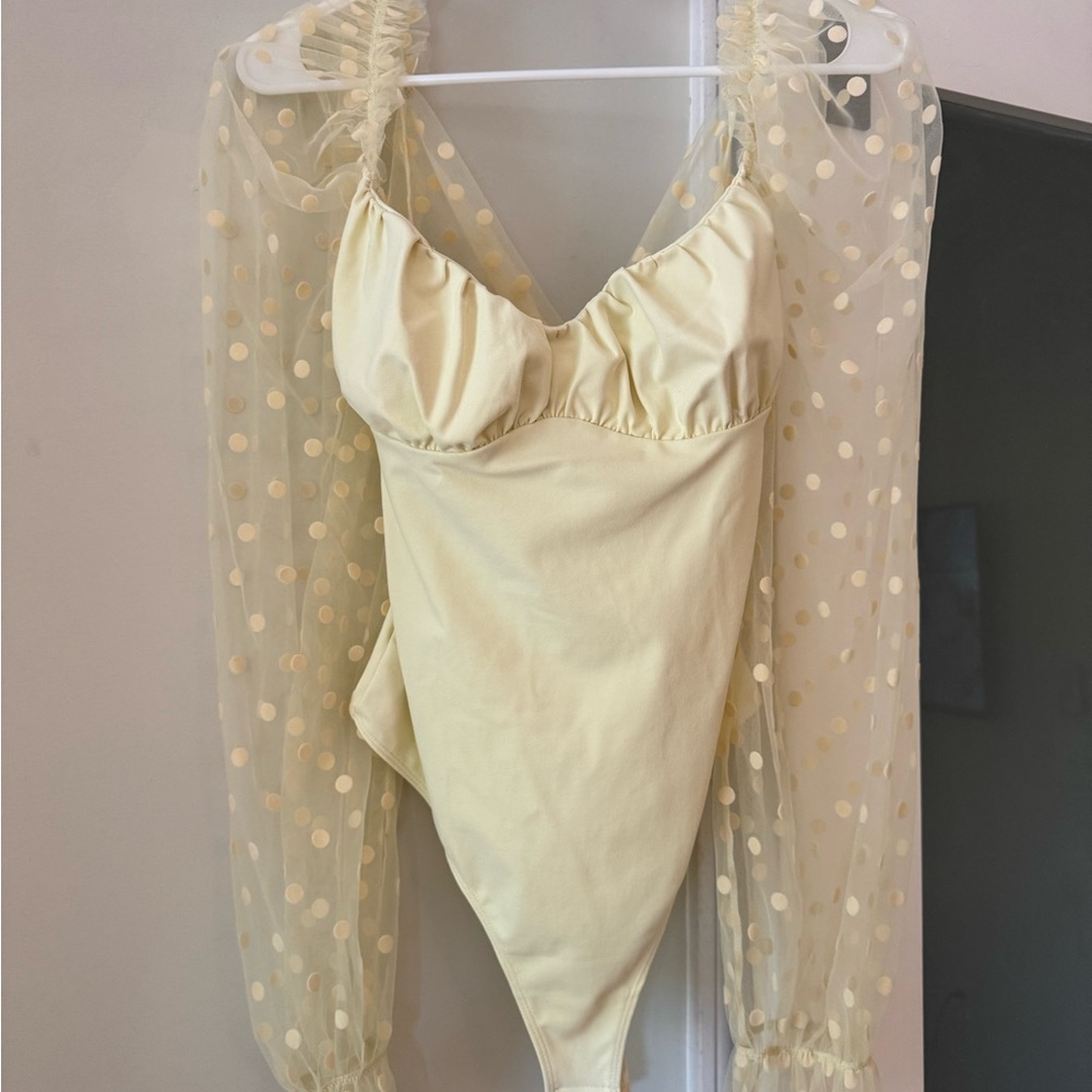 Free People Molly at Midnight Pale Yellow Polka Dot Mesh Sleeve Bodysuit